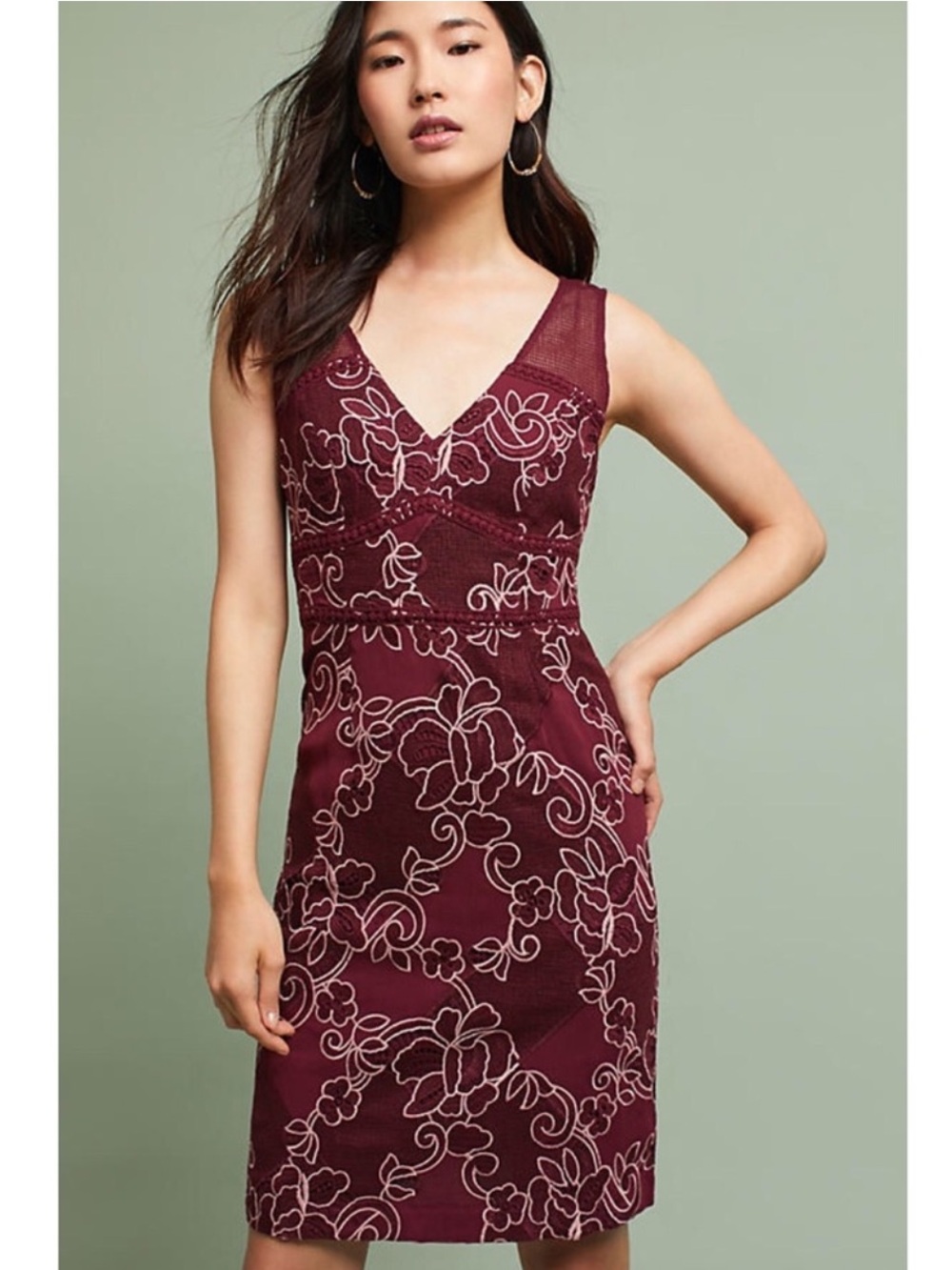 Anthropologie Moulinette Soeurs V-Neck Burgundy Embroidered Lace Sheath Dress